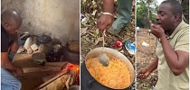 “No Meat Inside”: Actor John Dumelo Seen Cooking ‘Sapa’ Jollof on His Farm, Uses Firewood Like Village Man - Legit.ng