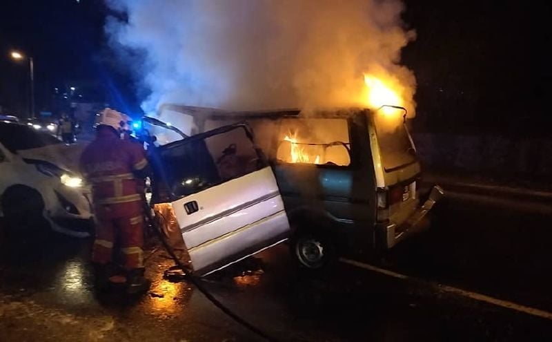 Family of four cheated death as van burst into flames after midnight accident