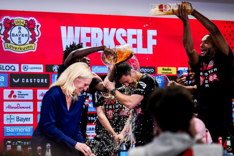 Xabi Alonso drenched in beer and Granit Xhaka called a ‘f****** G’ by teammate in Bayer Leverkusen celebrations