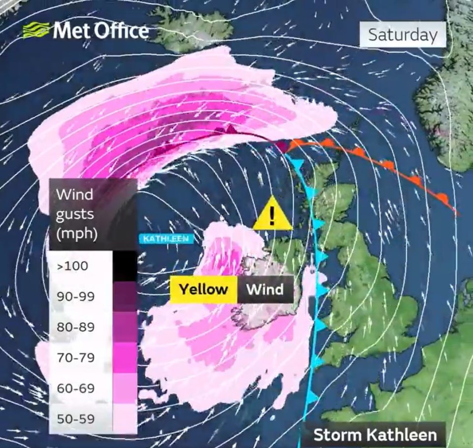Storm Kathleen: Map reveals exact spot 90mph storm will hit TOMORROW as Met Office issues ‘danger to life’ warnings